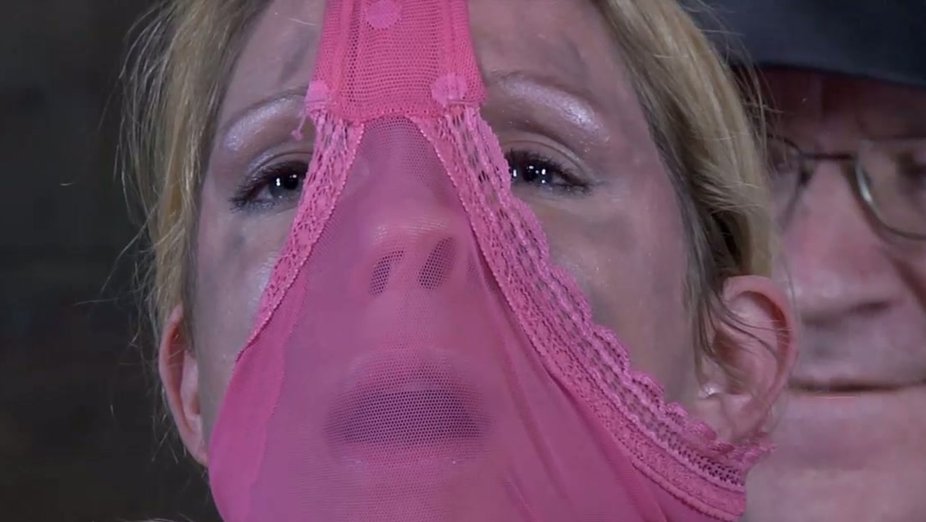 Panties On Face Porn - Mesmerizing blond hottie gets her legs locked in fetters and her face  covered with her panties