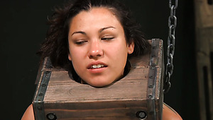 Curvaceous Latin whore gets her neck locked into pillory