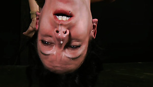 Worn out skinny brunette gal gives upside down blowjob to strain dick