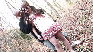 Wearing cute dress and sunglasses lusty Ayumi Inamori gets poked in the woods