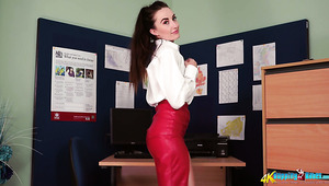 Sexy office slut Sophia Smith slowly undresses to play with natural tits a bit