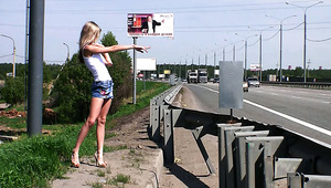 Blonde teen cutie in miniskirt is a hitchhiker masturbating near the highway