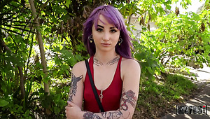 Tattooed purple haired nympho is more than ready for wild sex
