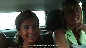 Raunchy looking chicks are having fun with guys in a car