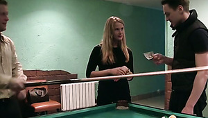 Trashy nympho in black stockings gets fucked on the billiard table