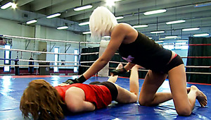 Two hot lesbian sex dolls have nice fighting on boxing ring that grows into sex