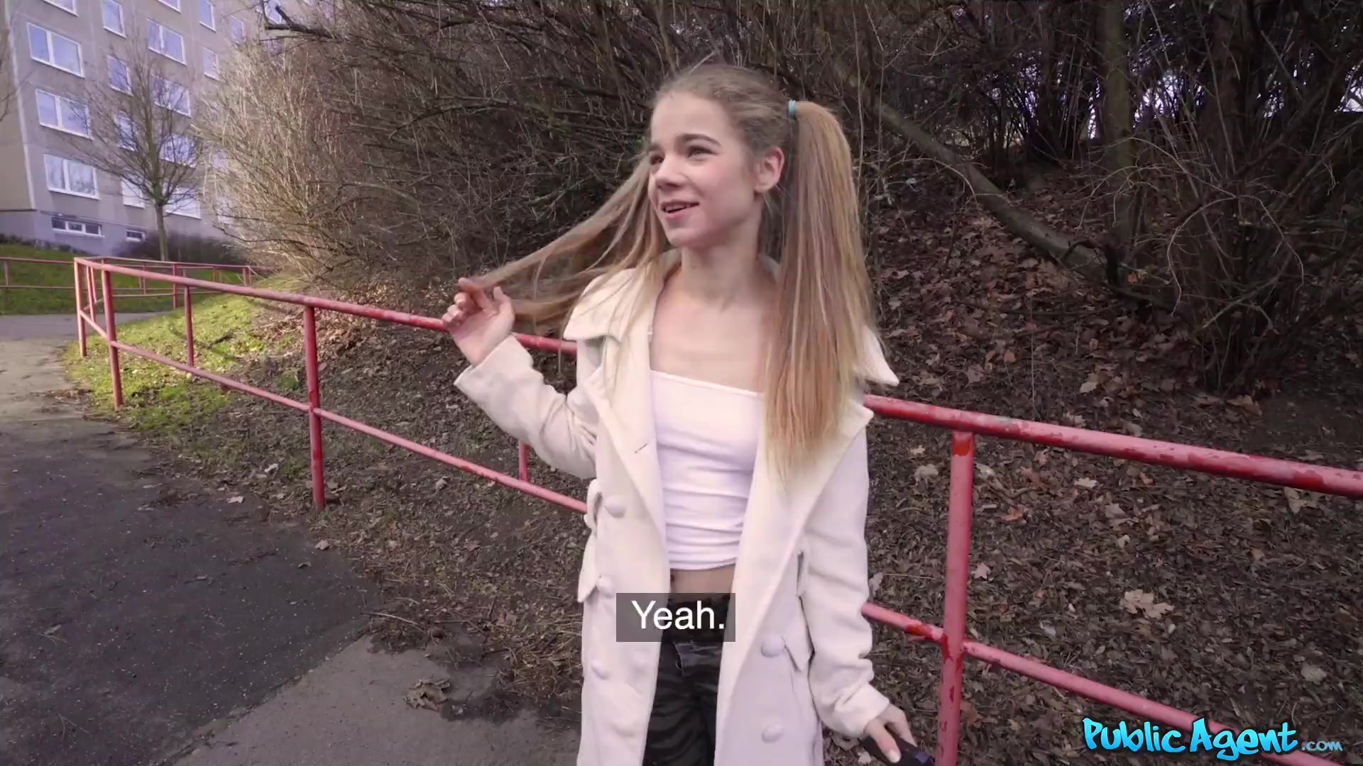 Slim Teen With Ponytails Pleases a Stranger With Outdoor BJ And Lets Him Fuck Her In a Hallway
