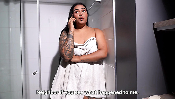 Chubby and tattooed latina gets her pussy rammed by a black stallion plumber in the shower