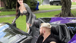 Brunette hottie hopped into a stranger's car, fucking in a parking lot after