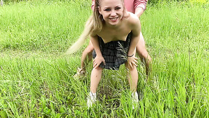 Aroused young blonde gets fucked by her lustful colleague outdoors in her mouth and pussy