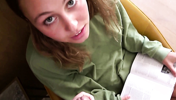 Brunette girl got distracted from her book with his big cock POV