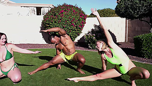 Hot stepsisters took him inside after stretching, and shared his BBC on the couch