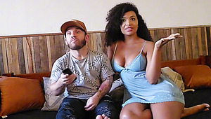 Hot ebony girl with nice ass gives her white bf a nice blowjob, then starts riding his cock like a pro cowgirl