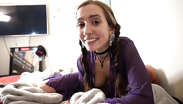 Sexy twin tailed young slut woships my cock with her mouth, then starts riding it in cowgirl position