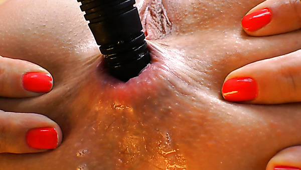 Beautiful blonde chick stuffs her anus with various sex toys