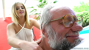 Provocative blonde Aria Logan fucks horny old fart in the poolside