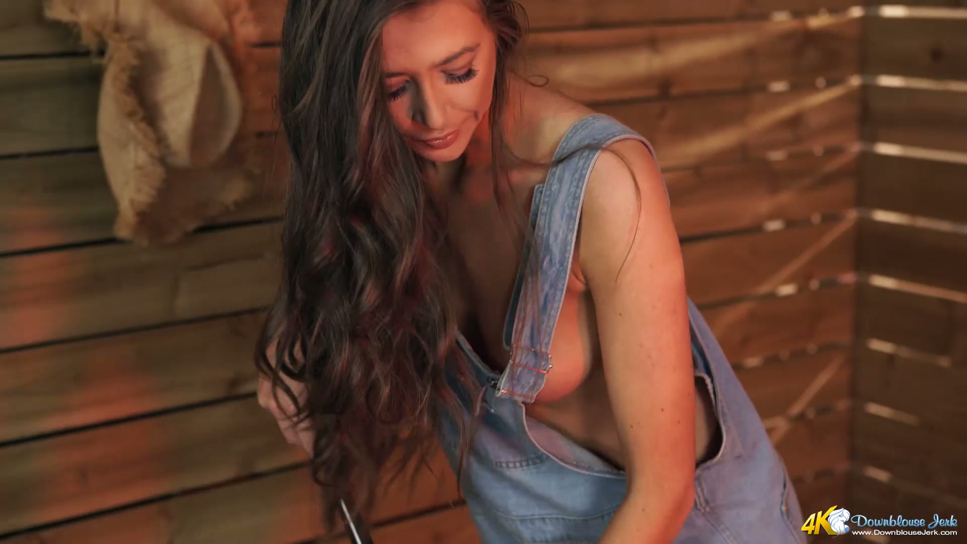 Country girl with tempting perky tits working in a warehouse