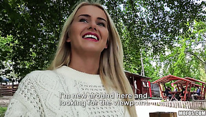 Buxom and captivating blondie gets fucked from behind in the park