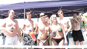 Gamine bitches enjoy kinky pier party and flash their tits shamelessly