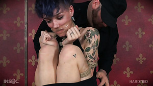 Titless purple haired and tattooed bitch gets nipples pinned and twat masturbated